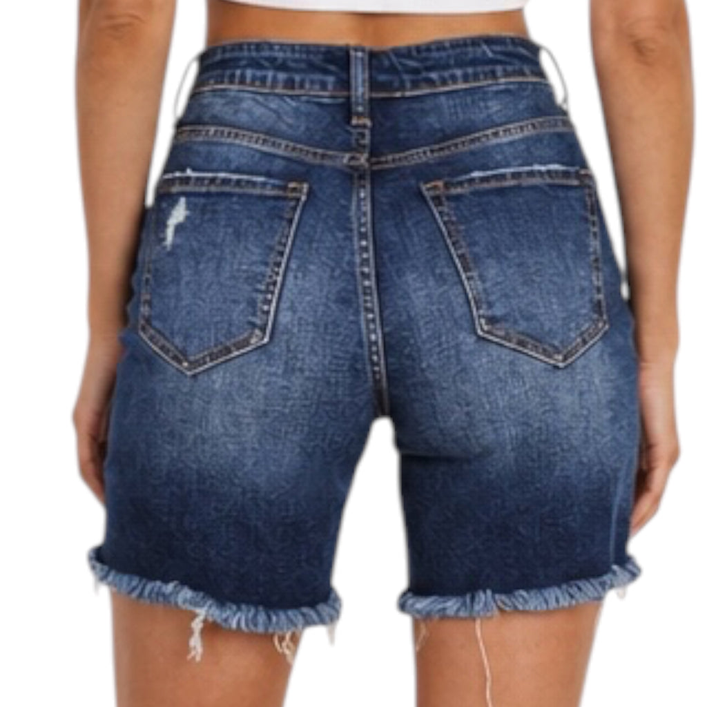 Risen Medium Wash High Waist Distressed Long Shorts RDS1052