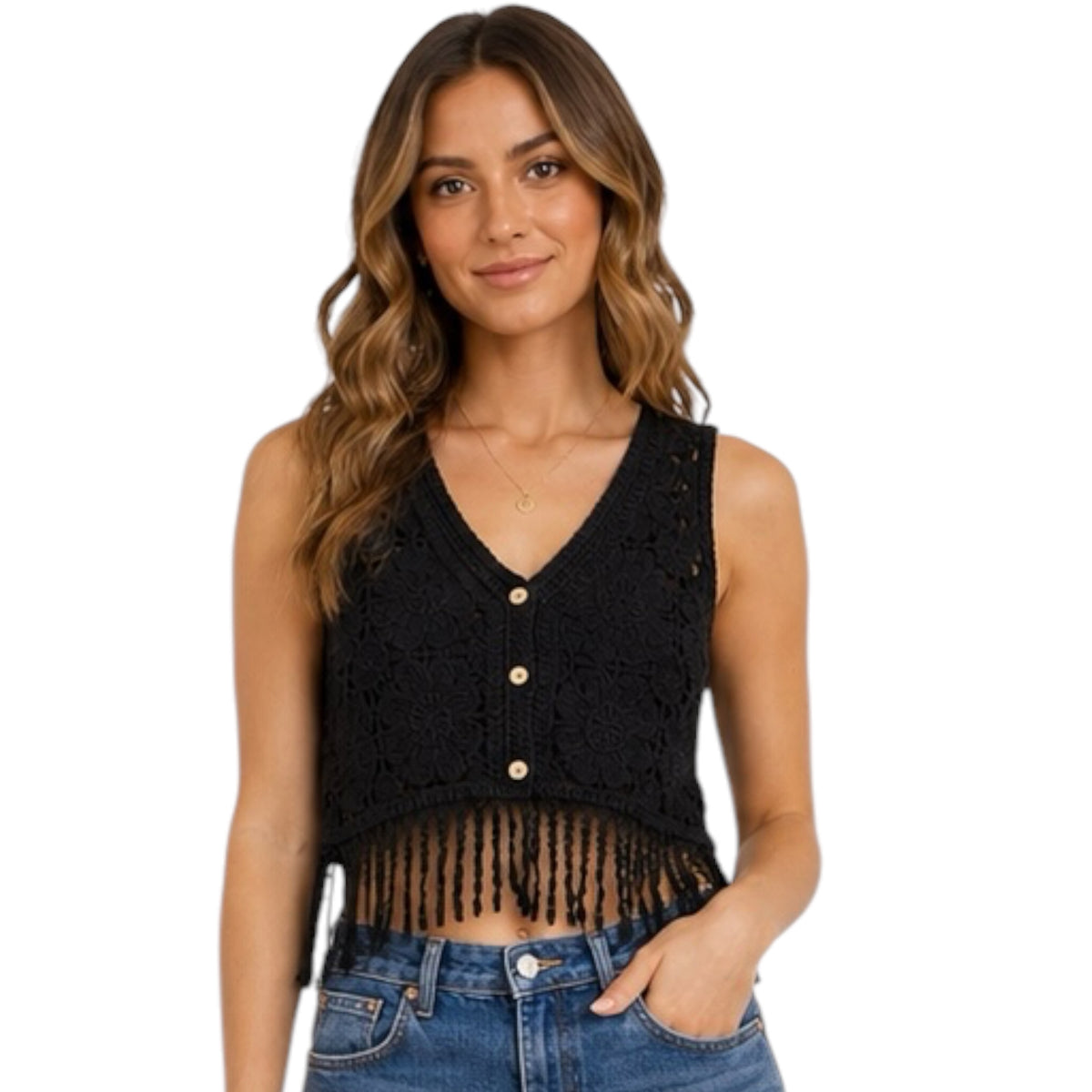 Black Fringe Hem Floral Crochet Top
