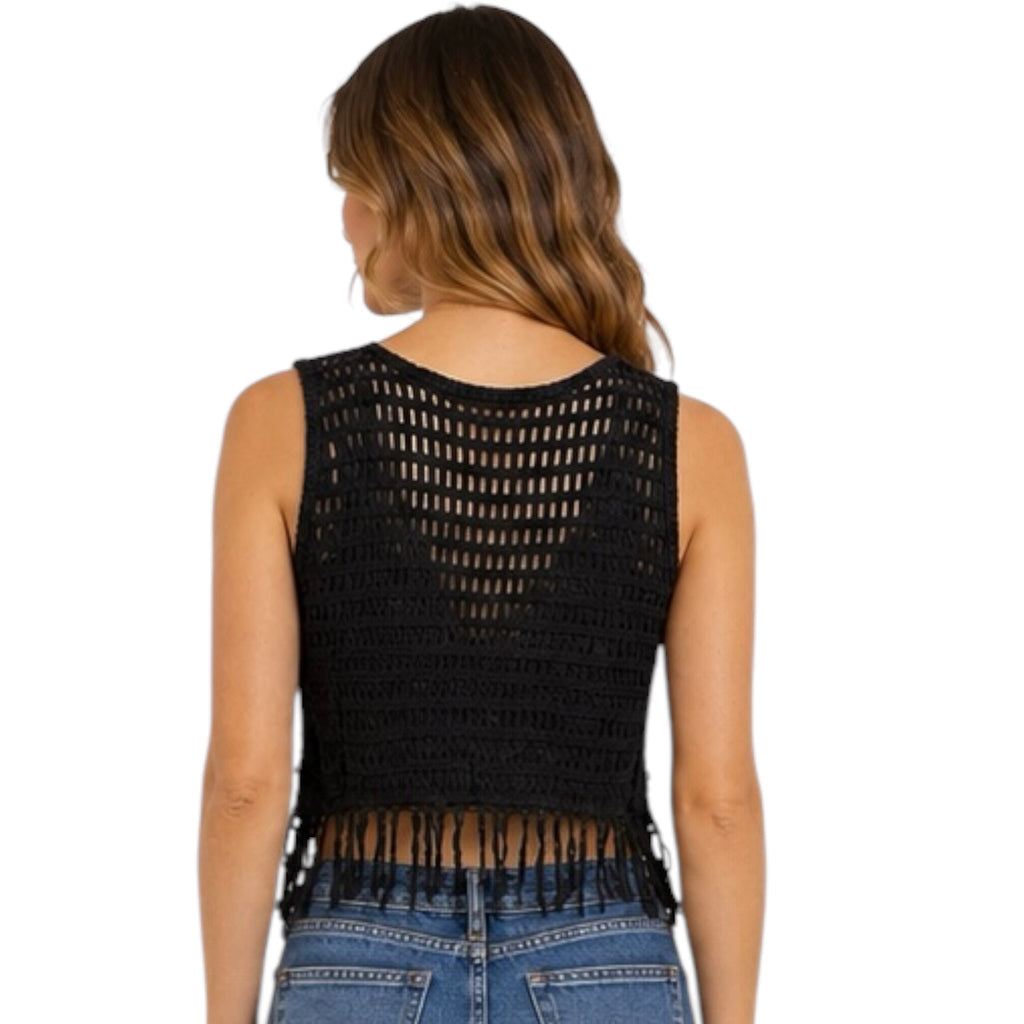 Black Fringe Hem Floral Crochet Top
