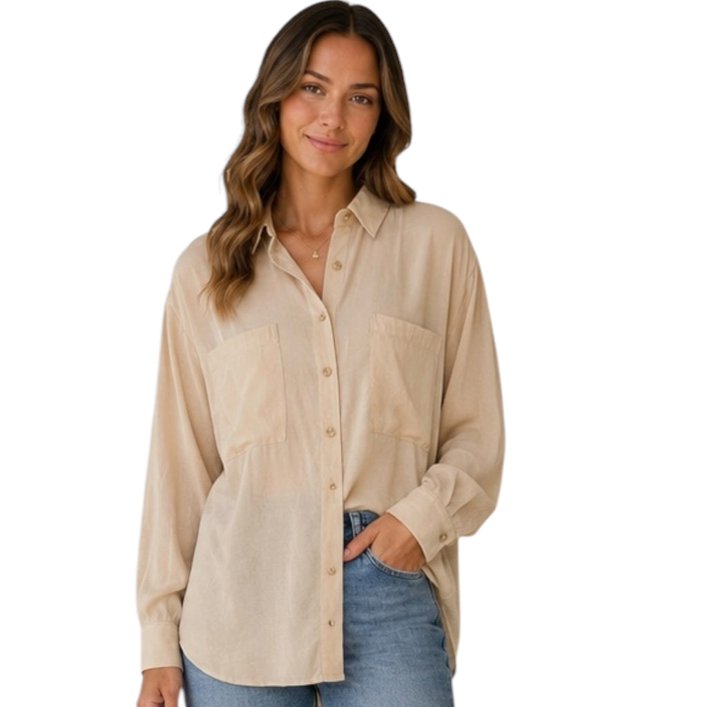 Light Khaki Oversized Button Down Long Sleeve Shirt