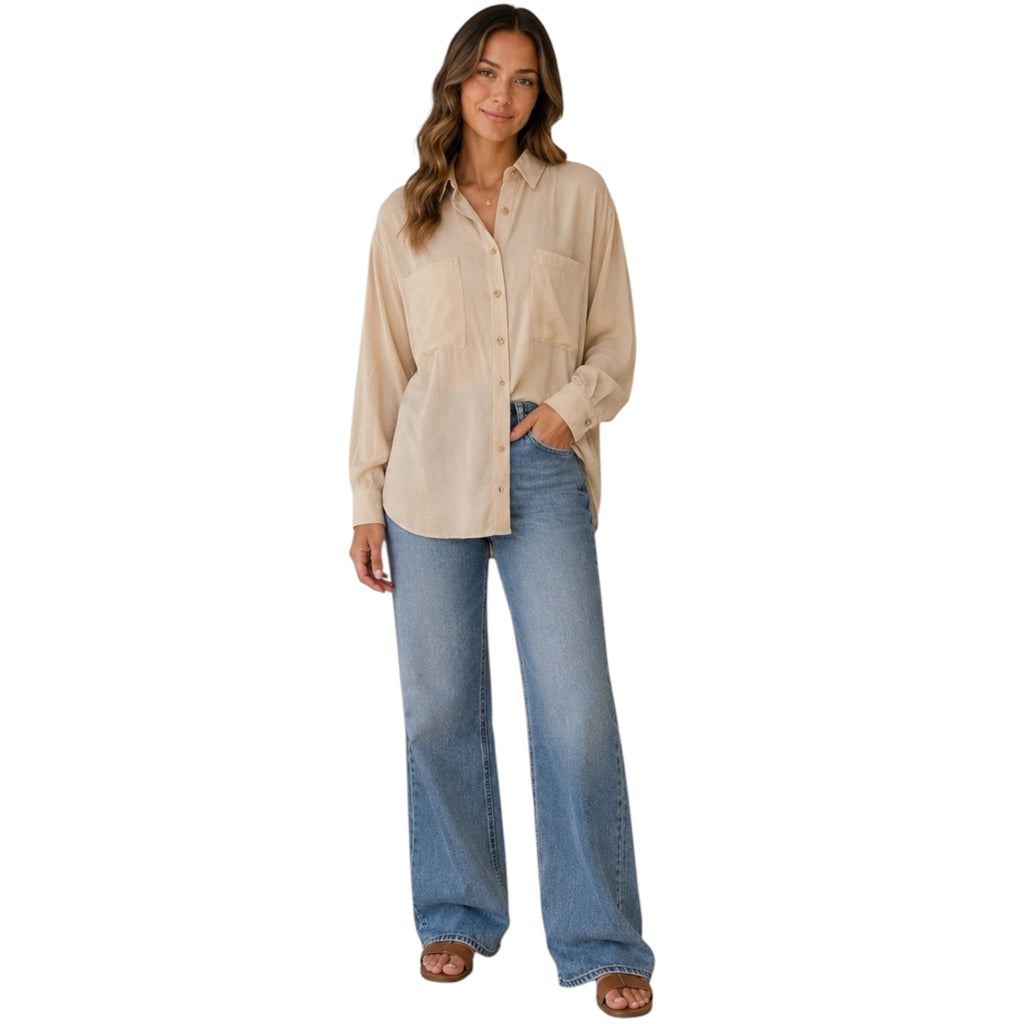 Light Khaki Oversized Button Down Long Sleeve Shirt