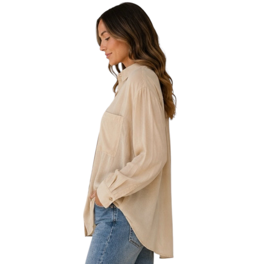Light Khaki Oversized Button Down Long Sleeve Shirt