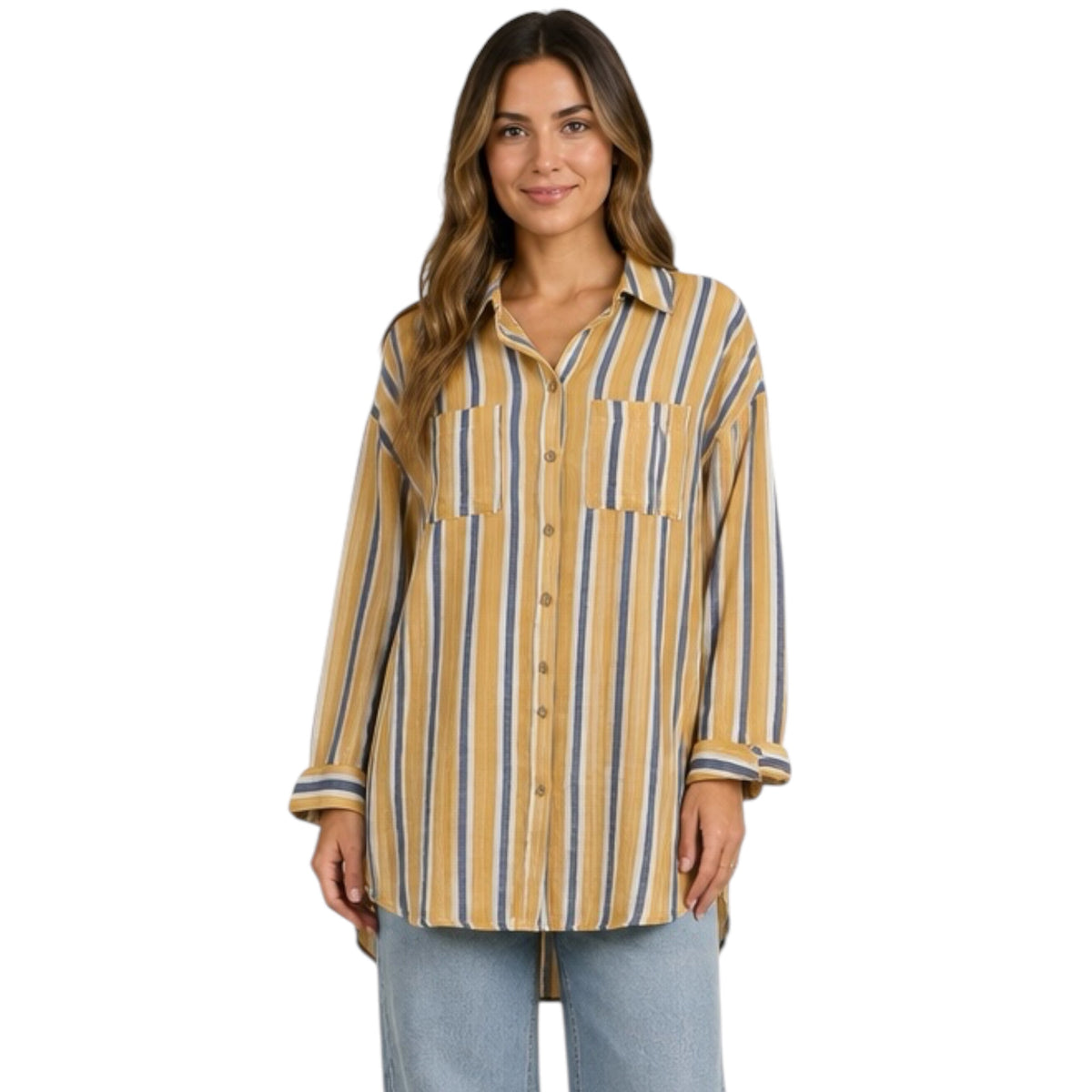 Yellow/Blue Stripe Button Front Shirt Dress