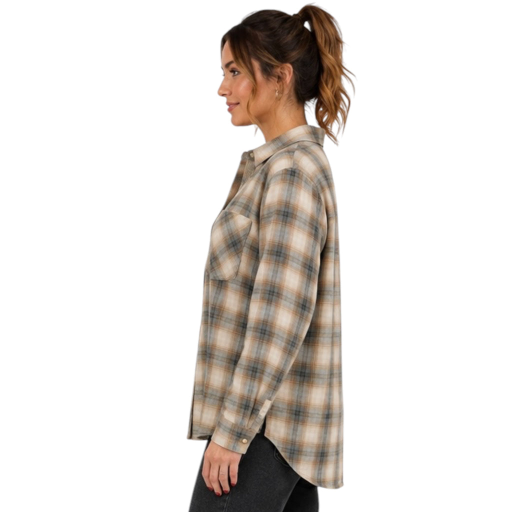 Charcoal Plaid  Button Up With Front Chest Pocket