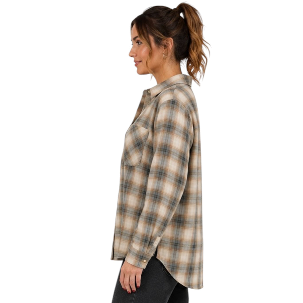 Charcoal Plaid  Button Up With Front Chest Pocket