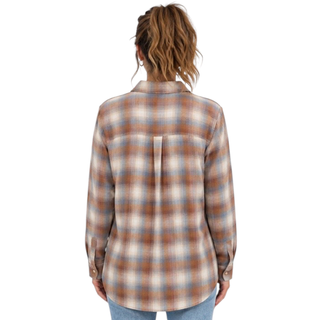 Mocha Plaid Long Sleeve Button Up With Front Chest Pocket