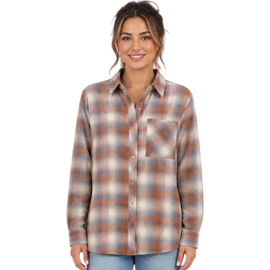 Mocha Plaid Long Sleeve Button Up With Front Chest Pocket