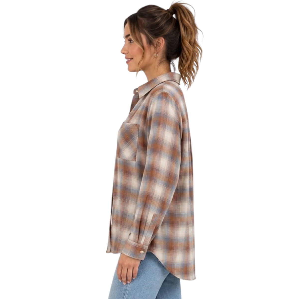 Mocha Plaid Long Sleeve Button Up With Front Chest Pocket