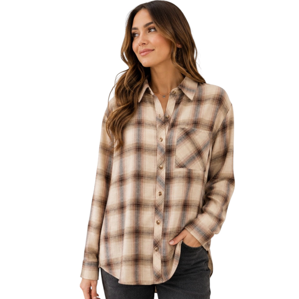 Brown Plaid Button Up With Chest Pocket Detail
