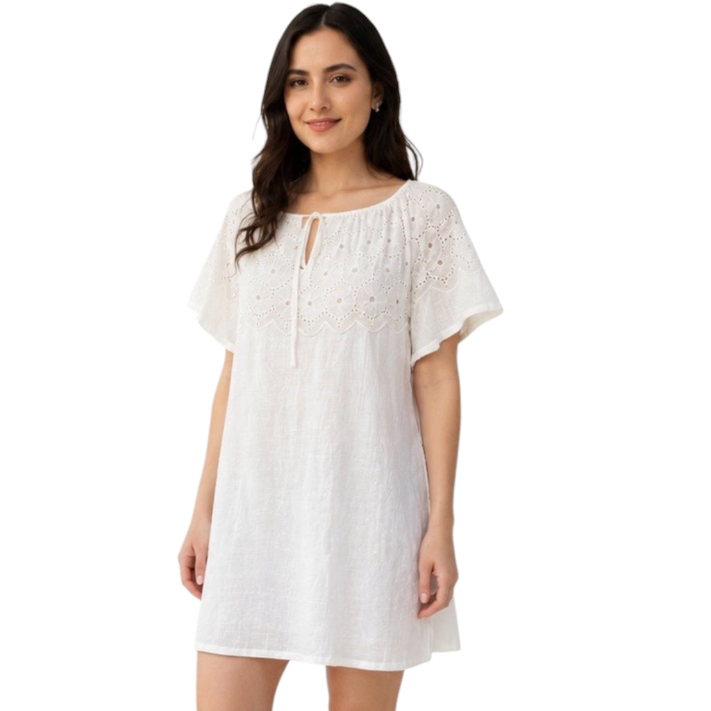 White Eyelet Neck Dress