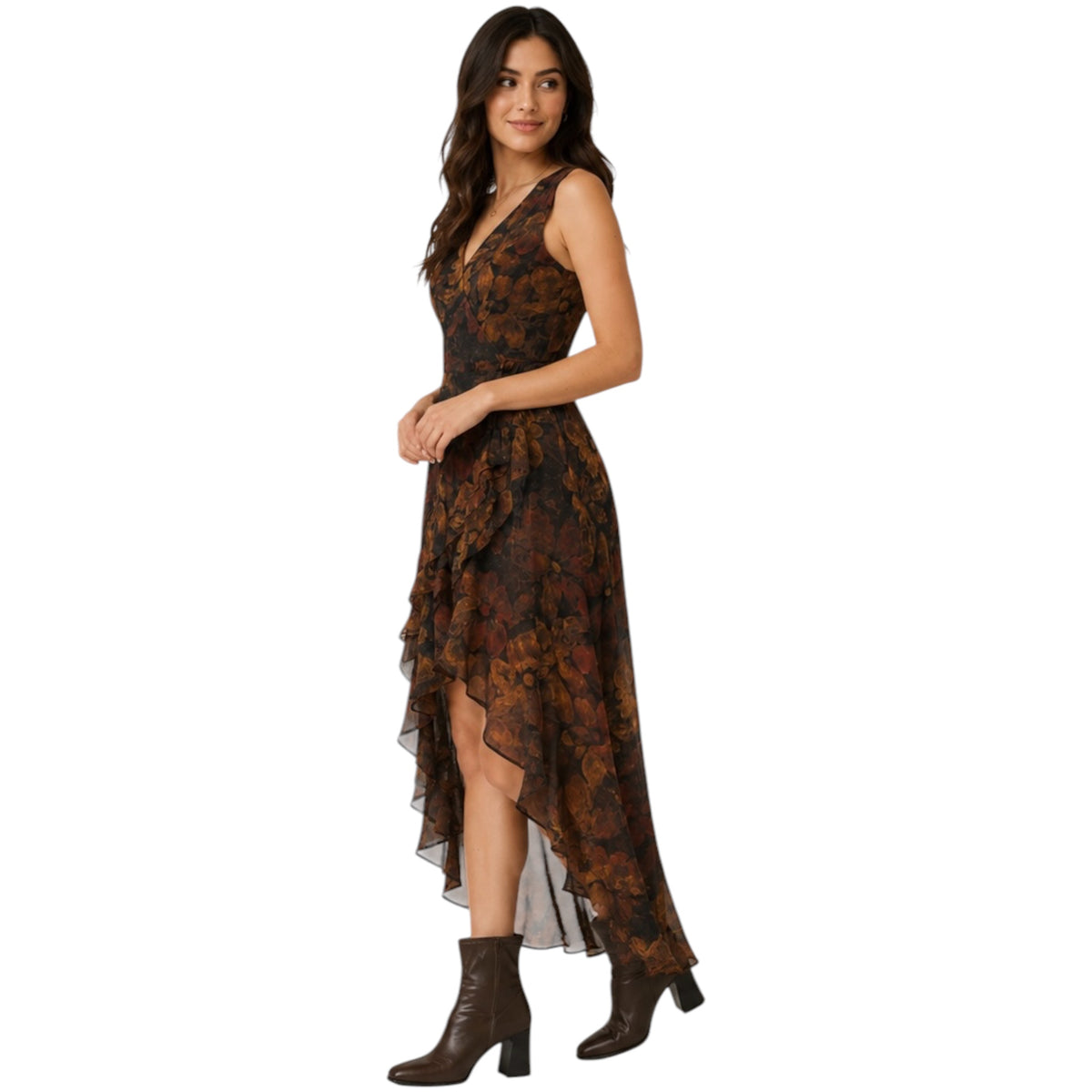 Black Sleeveless Floral Wrap High-Low Surplice Midi Dress