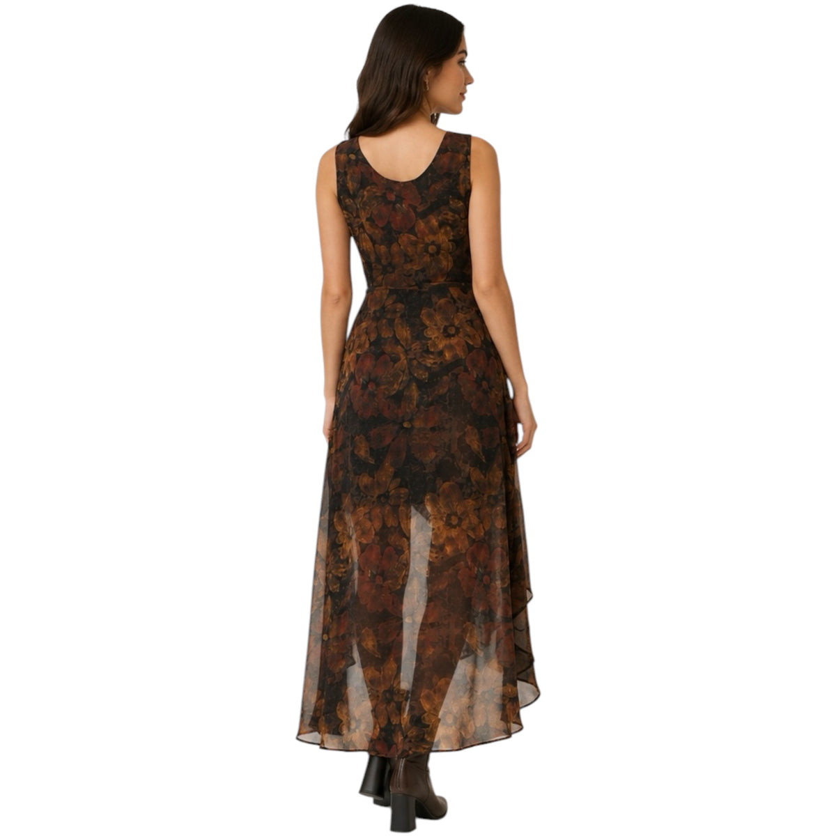 Black Sleeveless Floral Wrap High-Low Surplice Midi Dress