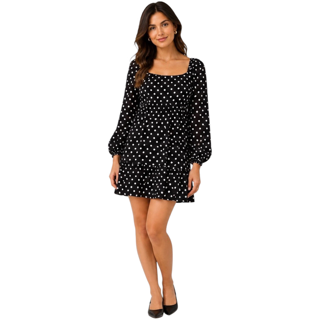Black/Ivory Polka Dot Printed Tiered Layer Mini Dress