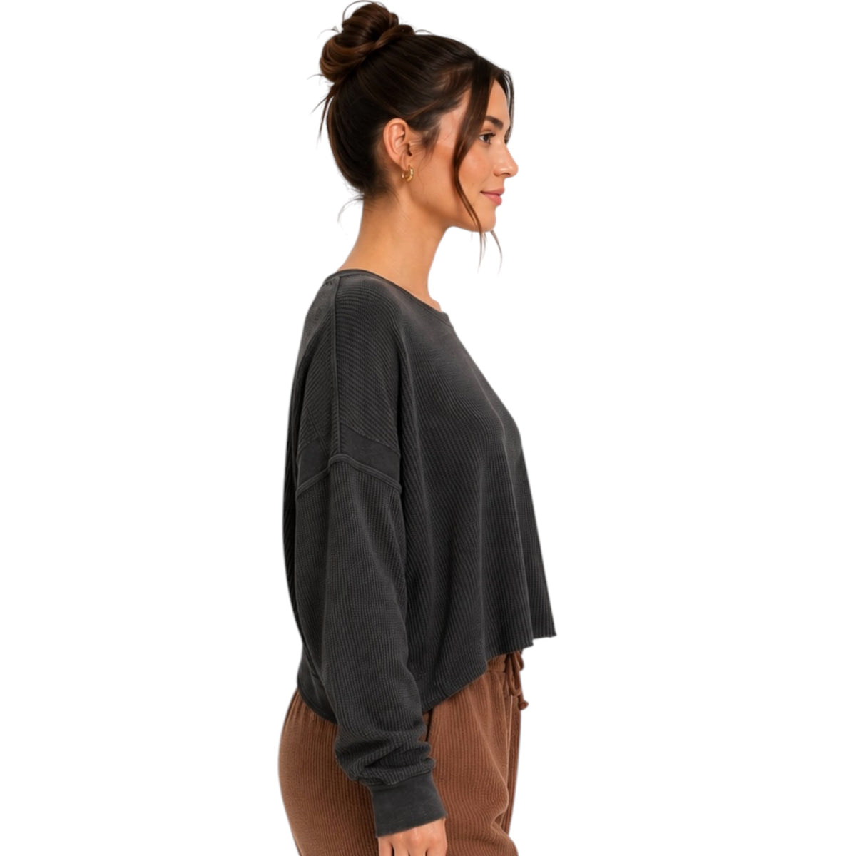 Black Open Back Textured Knit Long Sleeve Top