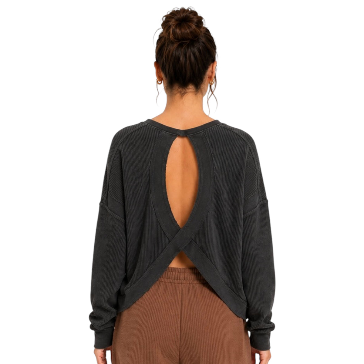 Black Open Back Textured Knit Long Sleeve Top