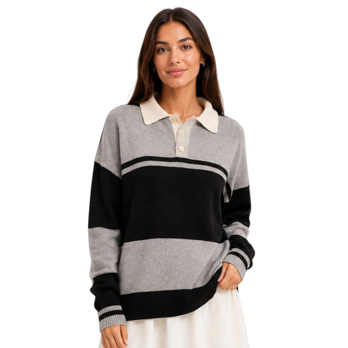 Black/Heather Gray Stripe Sweater with Polo Collar