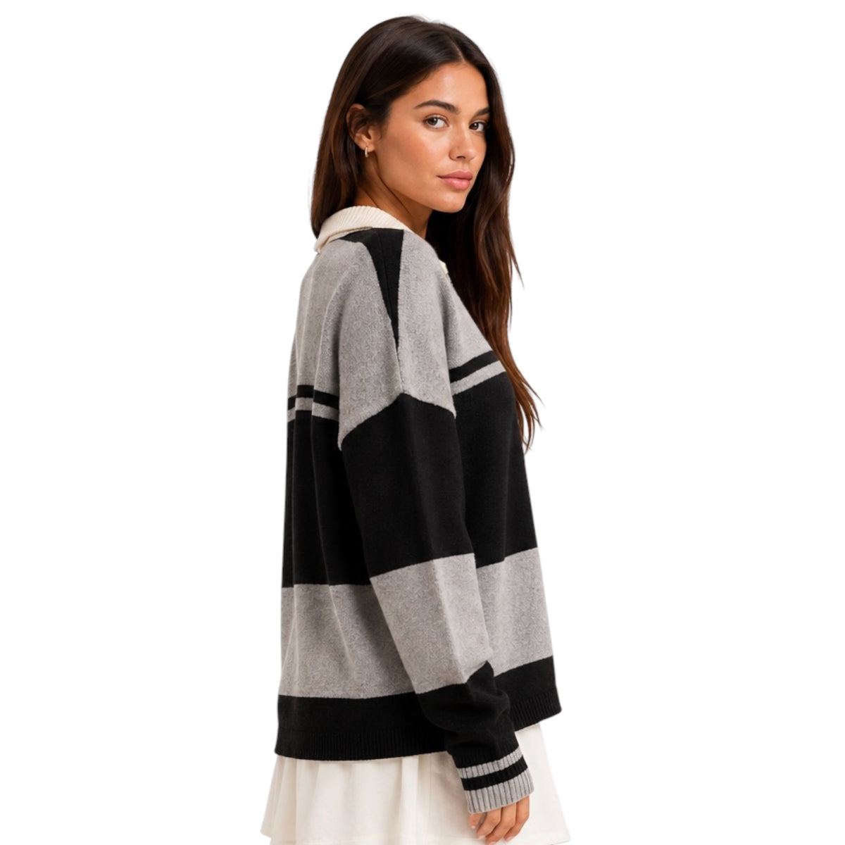 Black/Heather Gray Stripe Sweater with Polo Collar