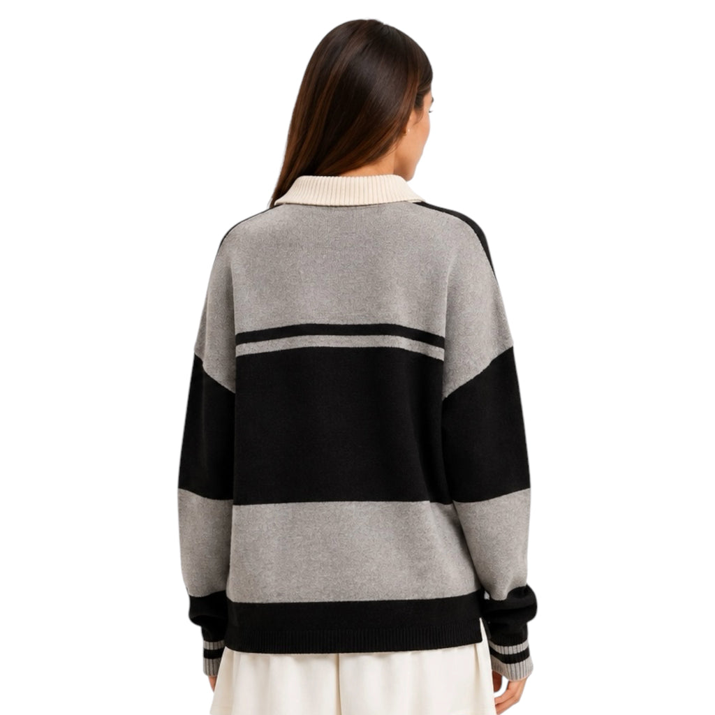 Black/Heather Gray Stripe Sweater with Polo Collar