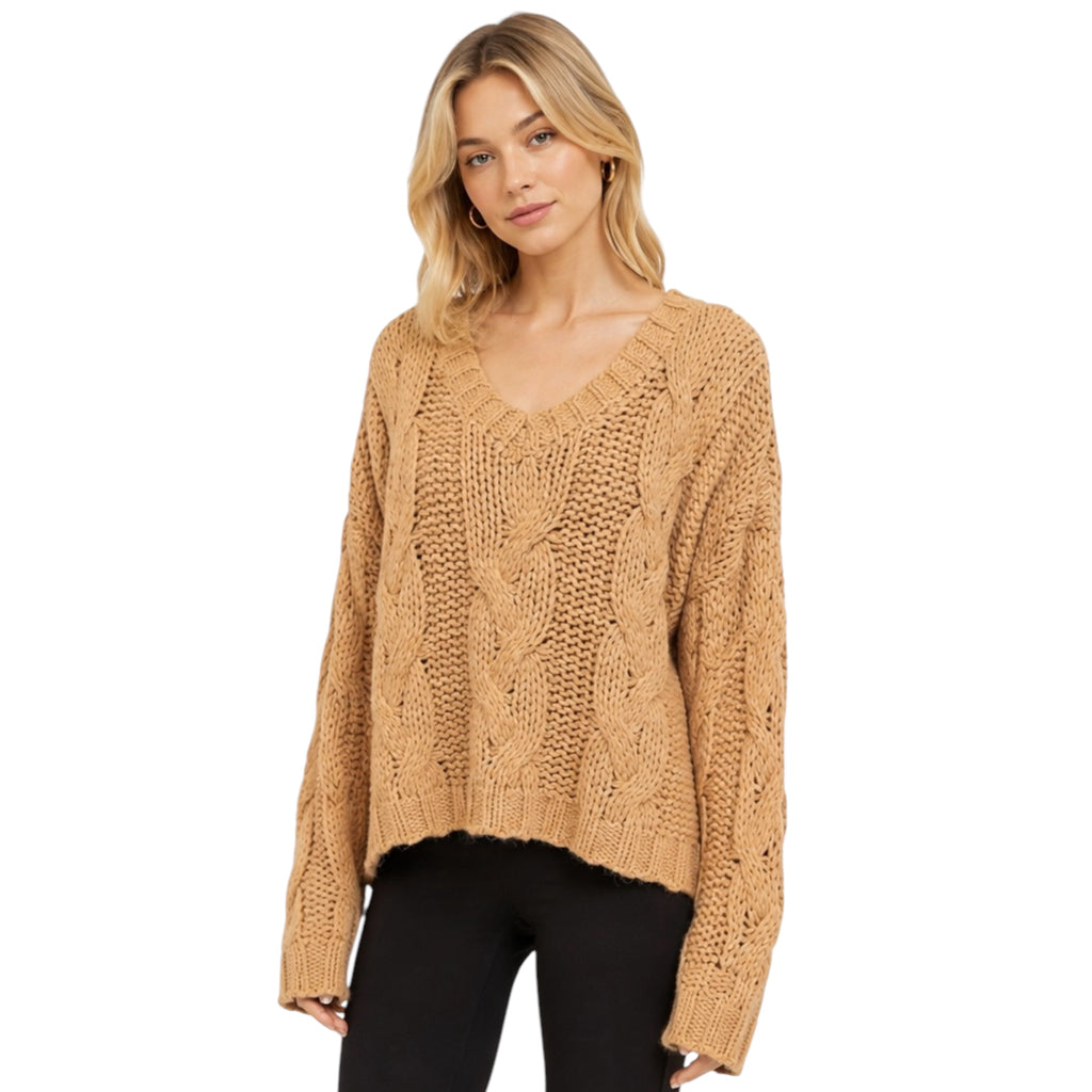 Taupe V-Neck Oversized Cable Knit Sweater