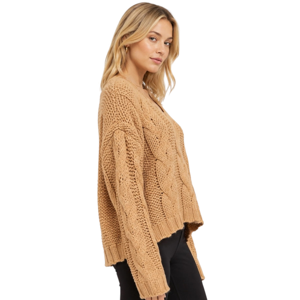 Taupe V-Neck Oversized Cable Knit Sweater