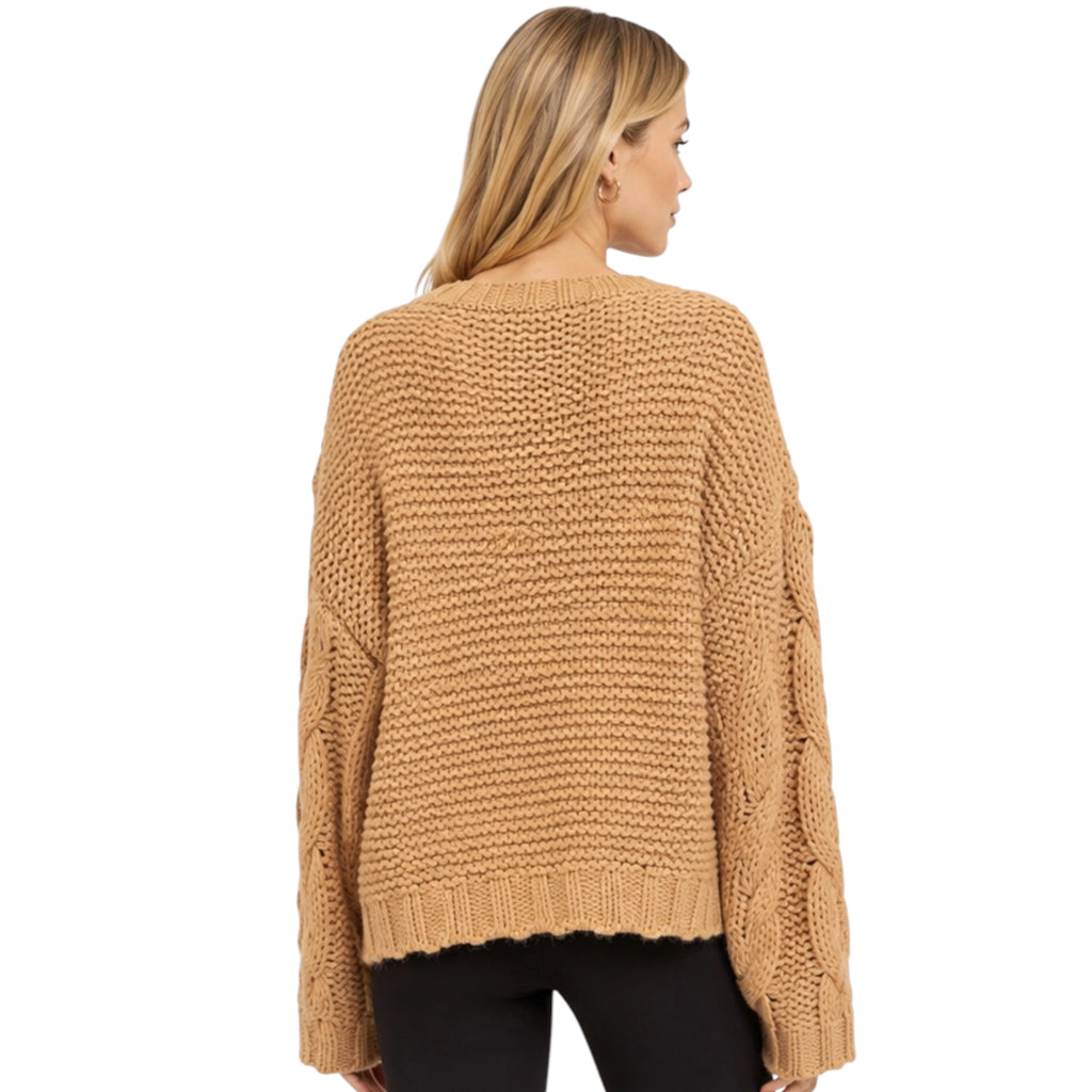 Taupe V-Neck Oversized Cable Knit Sweater