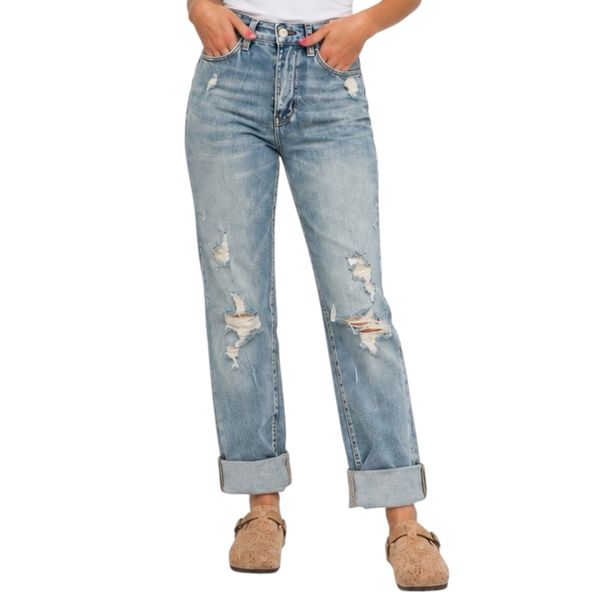 Judy Blue Double Cuff Fray Hem with Destroy BF JB88440