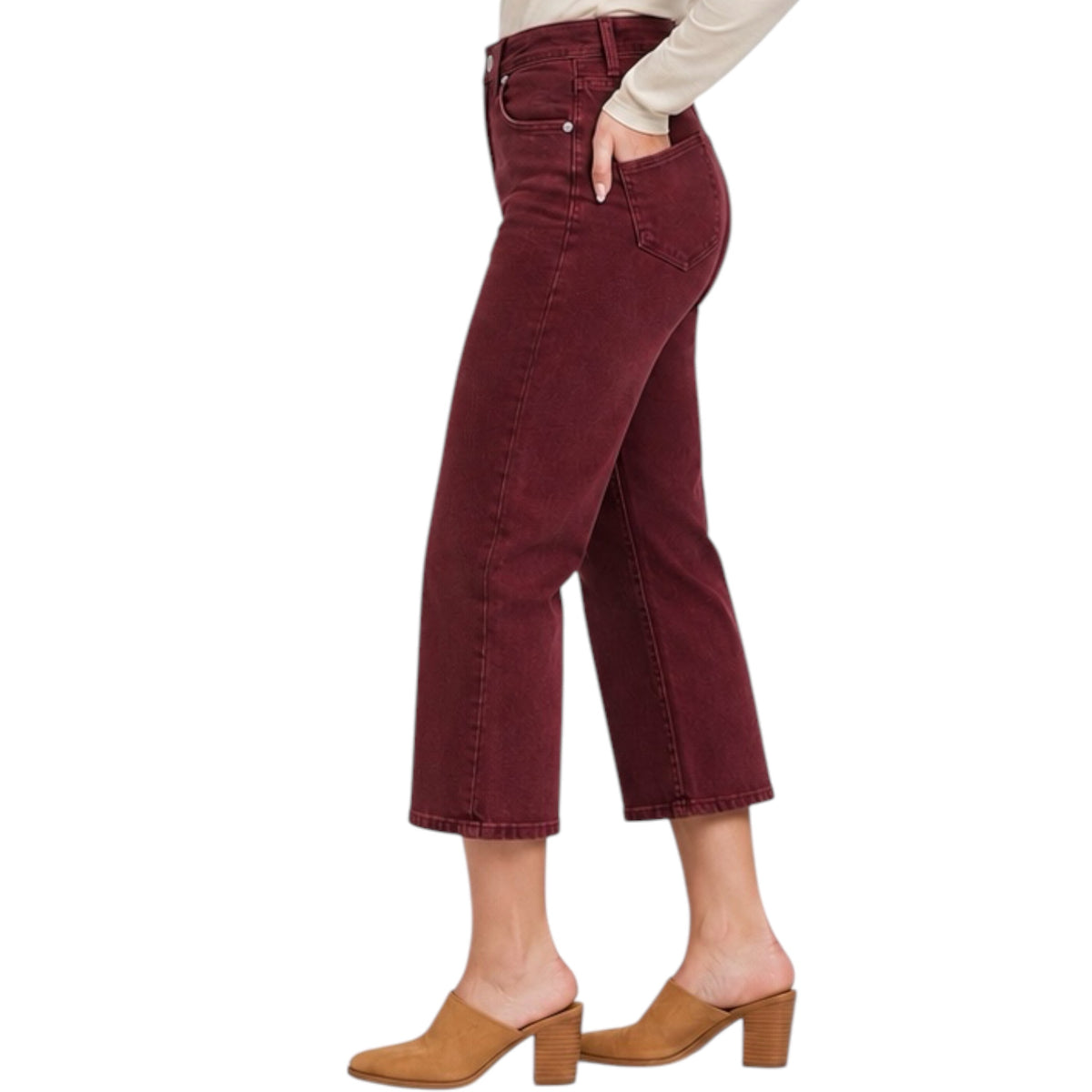 Judy Blue JB88752 Oxblood High Waist Tummy Control Garment Dyed Wide Crop