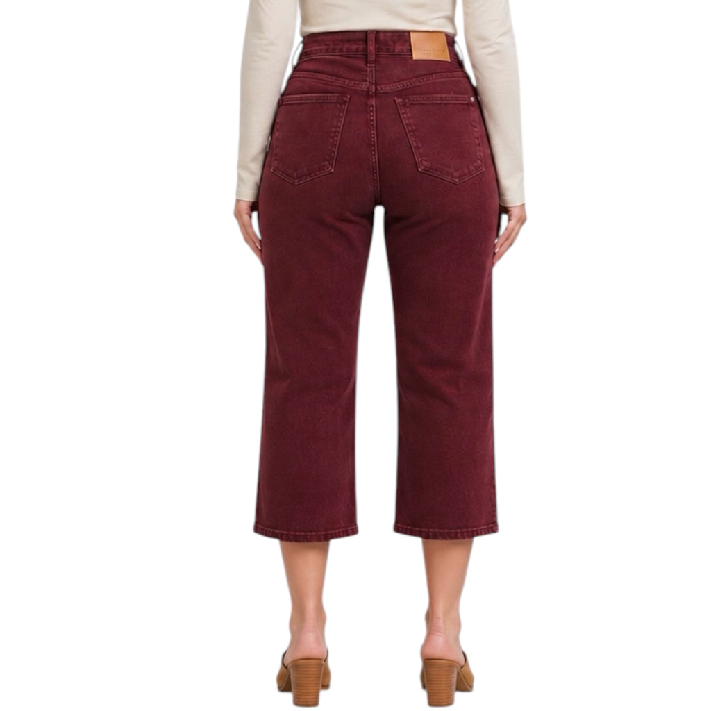 Judy Blue JB88752 Oxblood High Waist Tummy Control Garment Dyed Wide Crop