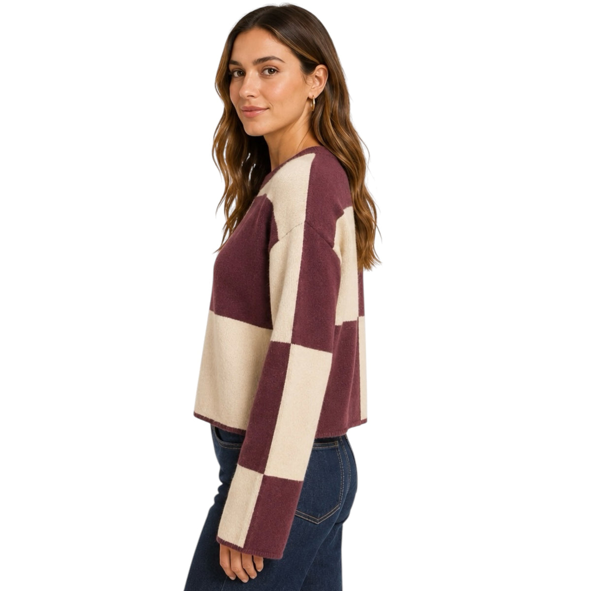 Dark Cherry/Alpaca Oversized Checkered Sweater