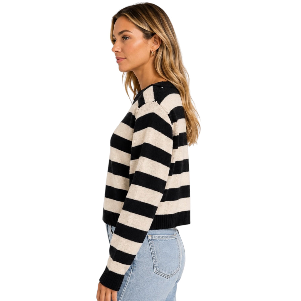 Black/Cream Striped Boat Neck Sweater