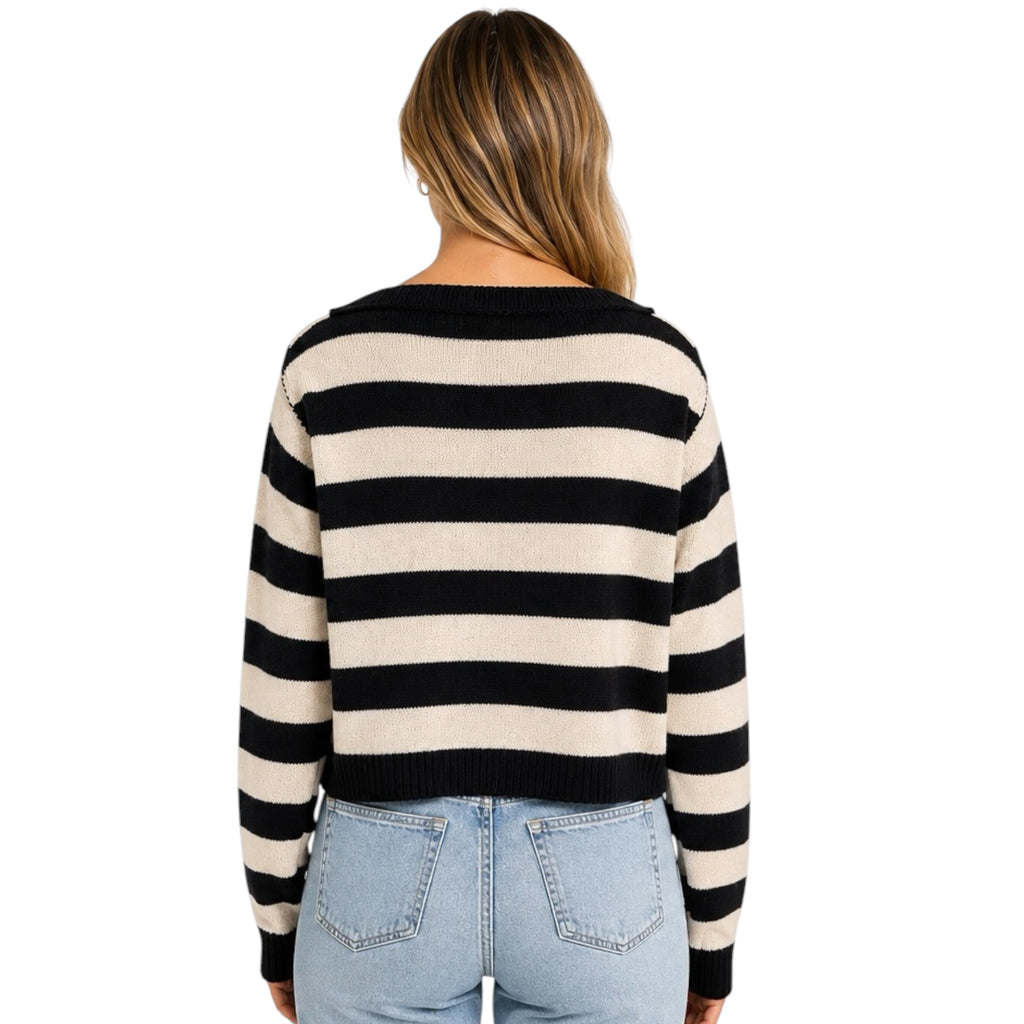 Black/Cream Striped Boat Neck Sweater