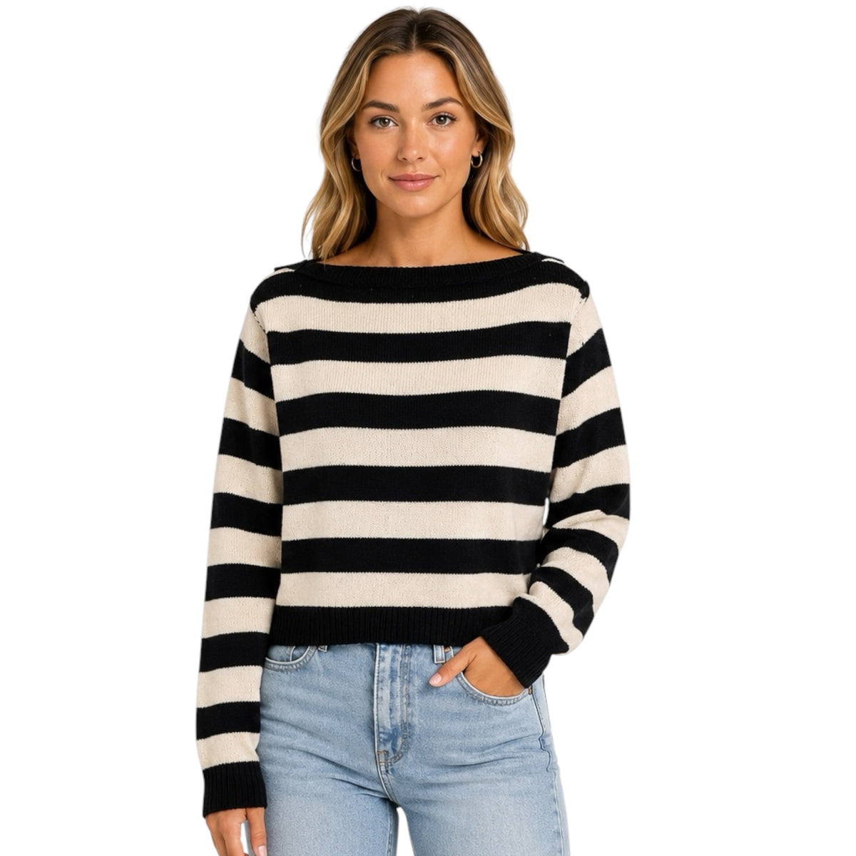 Black/Cream Striped Boat Neck Sweater