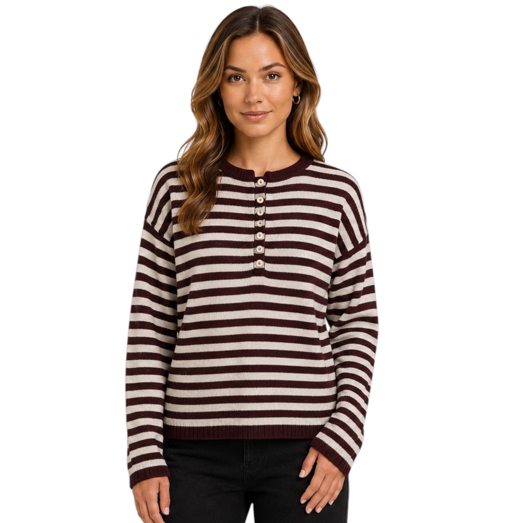 Dark Wine Striped Henley Pull Over Sweater