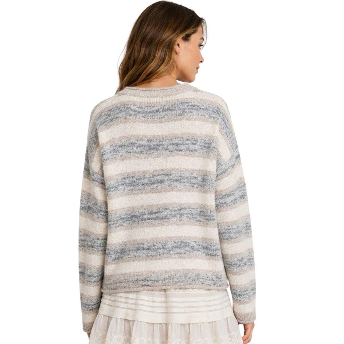 Heathered Multi-Striped Sweater With Raw Edge