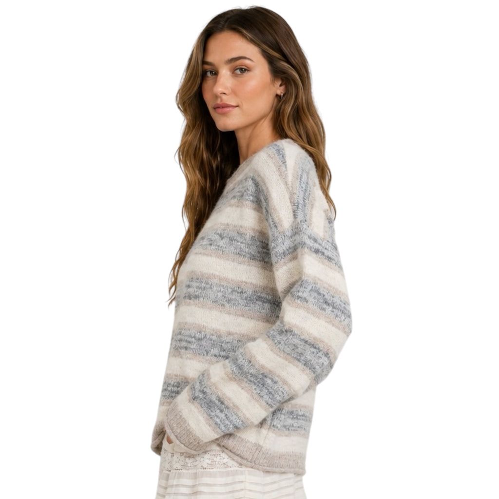 Heathered Multi-Striped Sweater With Raw Edge