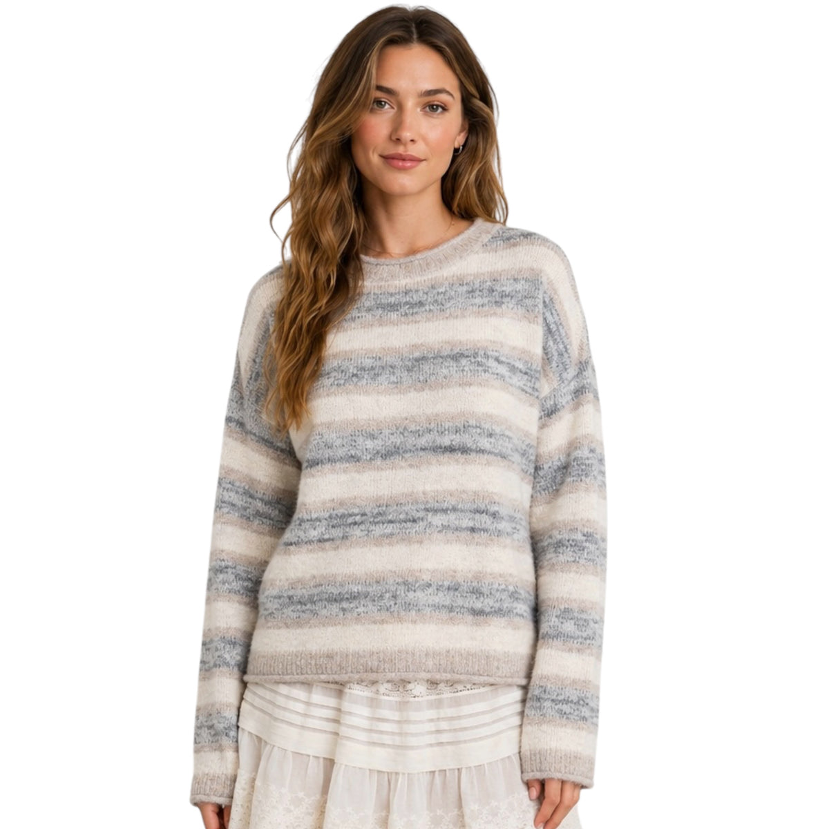 Heathered Multi-Striped Sweater With Raw Edge