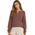 Washed Ribbed Burgundy Henley Drop Shoulder Knit Sweater