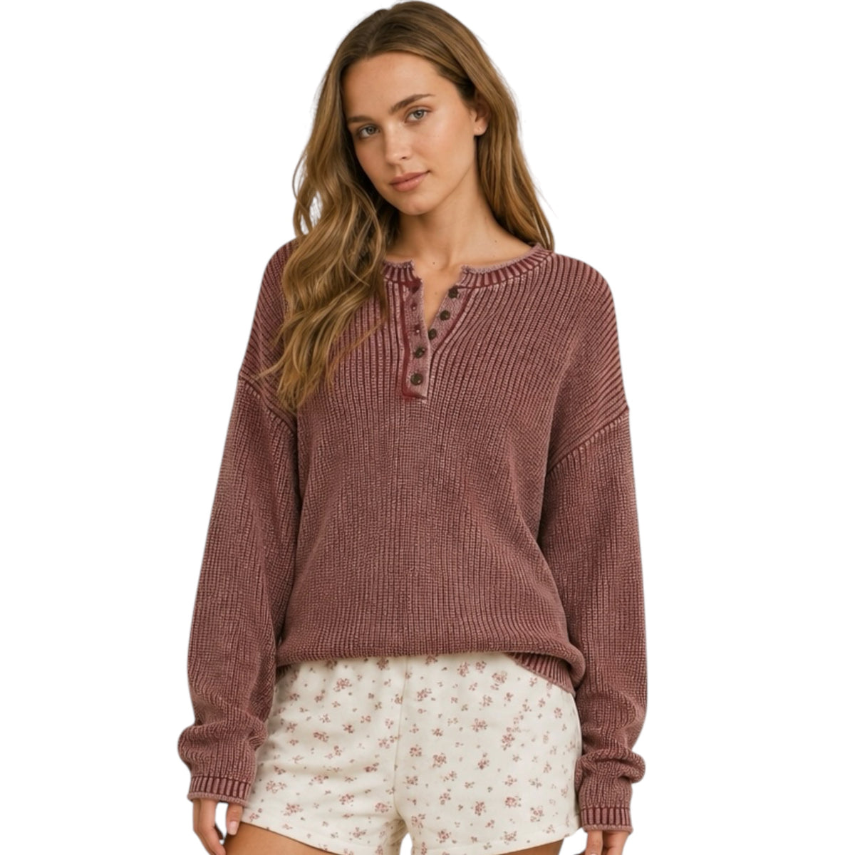 Washed Ribbed Burgundy Henley Drop Shoulder Knit Sweater