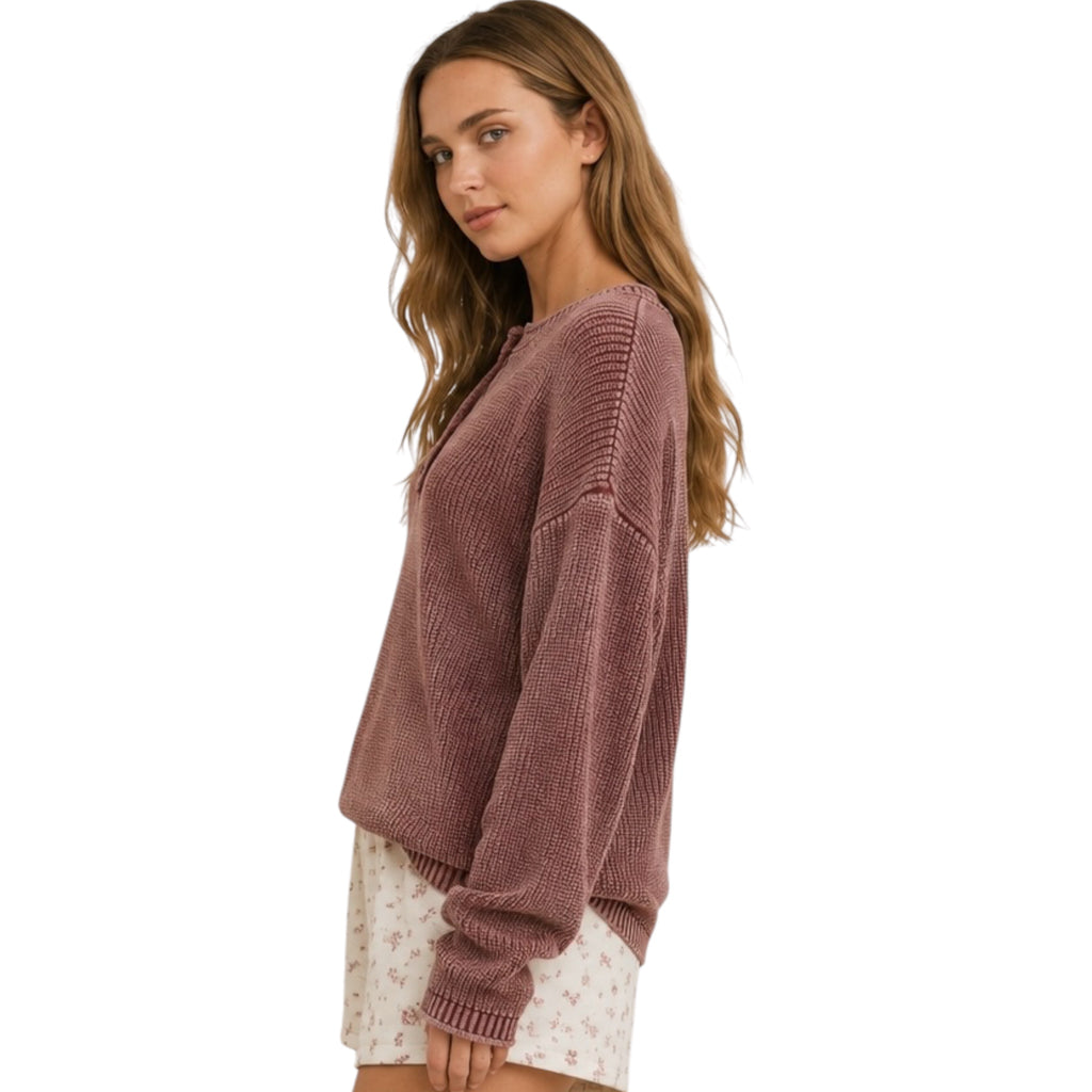Washed Ribbed Burgundy Henley Drop Shoulder Knit Sweater
