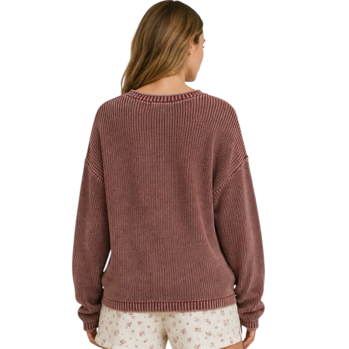 Washed Ribbed Burgundy Henley Drop Shoulder Knit Sweater