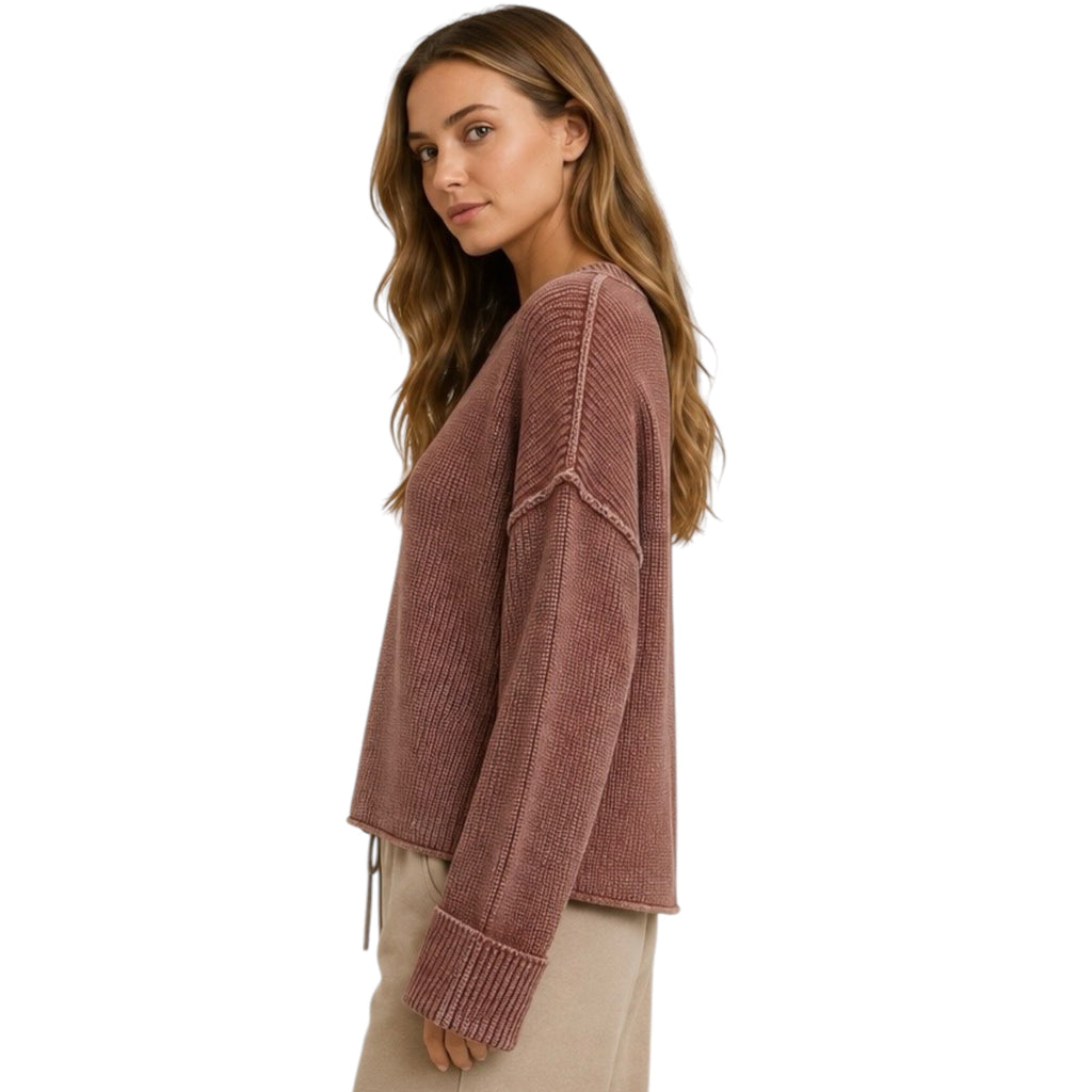 Washed Ribbed Terracotta Long Sleeve Folded Cuff Knit Sweater