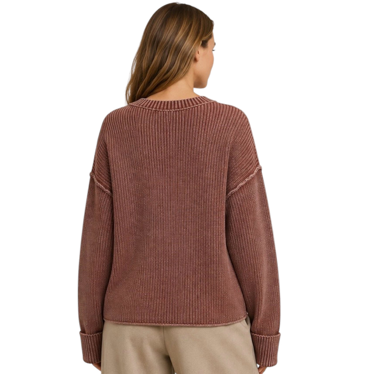 Washed Ribbed Terracotta Long Sleeve Folded Cuff Knit Sweater