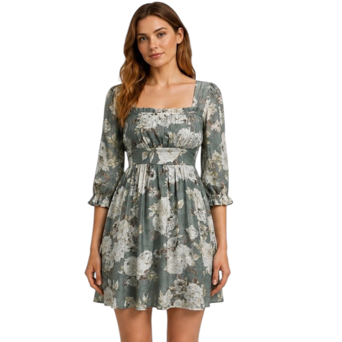 Floral Square Neck Half Sleeve Mini Dress