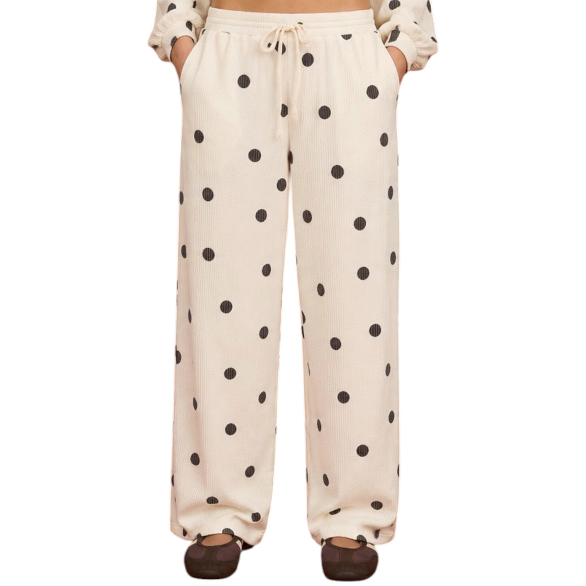 Polka Dot Textured Ivory Textured Long Sleeve Crew Knit Top and Wide Leg Pant Set