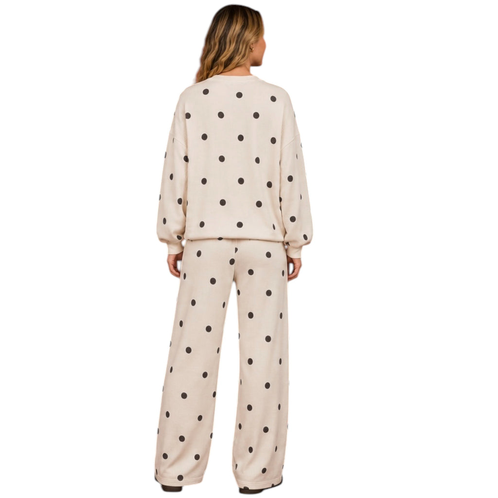 Polka Dot Textured Ivory Textured Long Sleeve Crew Knit Top and Wide Leg Pant Set