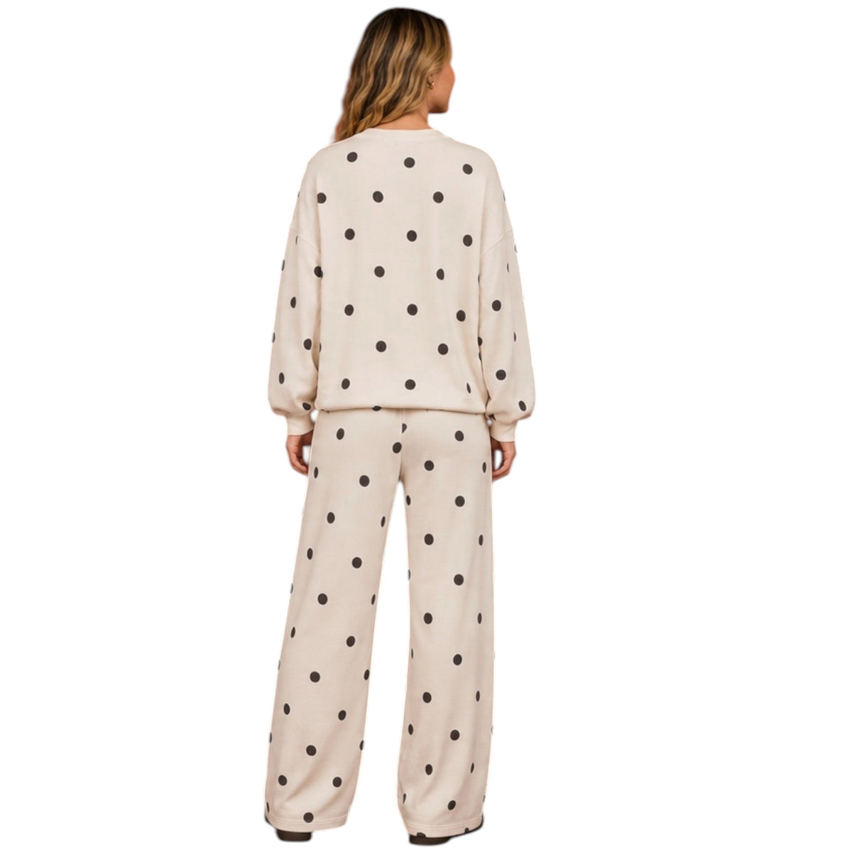 Polka Dot Textured Ivory Textured Long Sleeve Crew Knit Top and Wide Leg Pant Set
