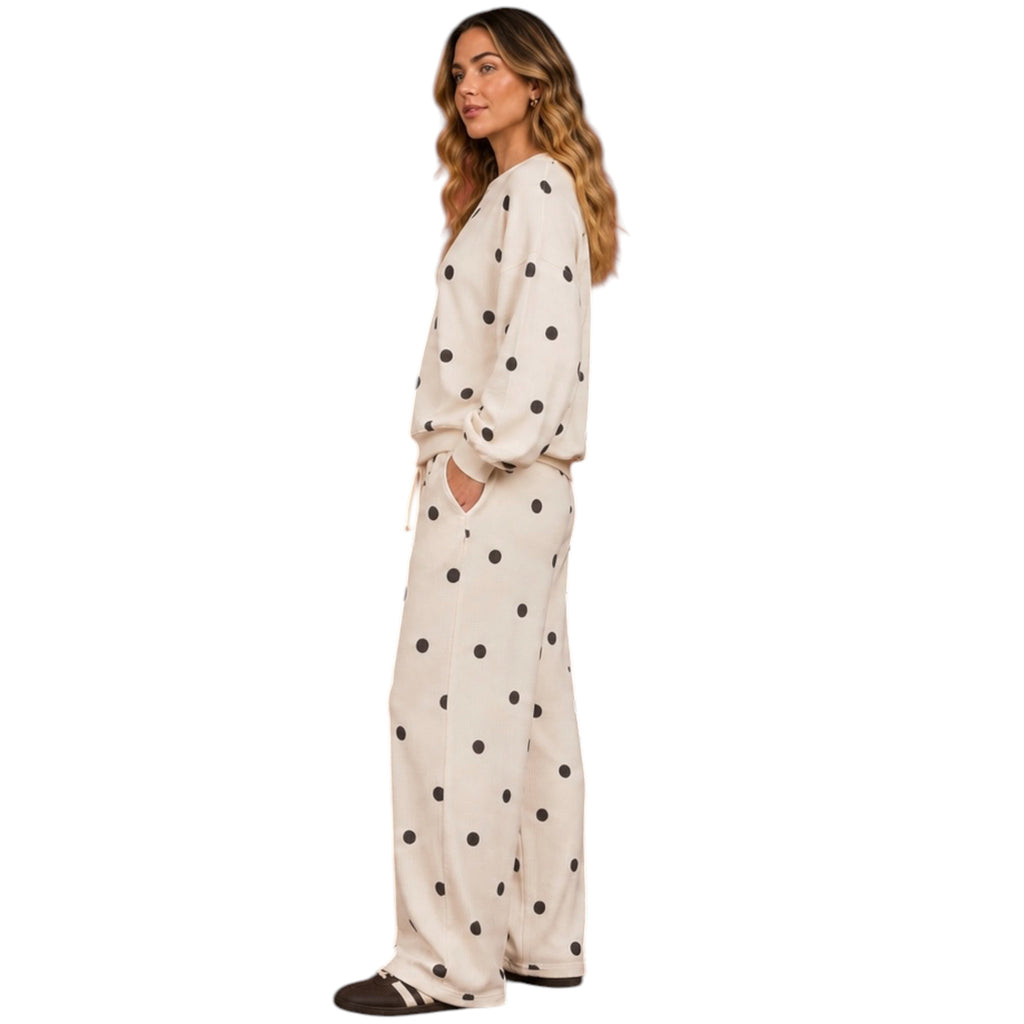 Polka Dot Textured Ivory Textured Long Sleeve Crew Knit Top and Wide Leg Pant Set