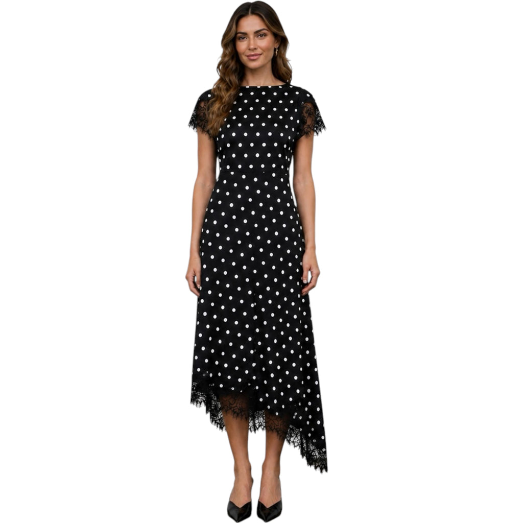 Polka Dot Lace Trim Short Sleeve Midi Dress