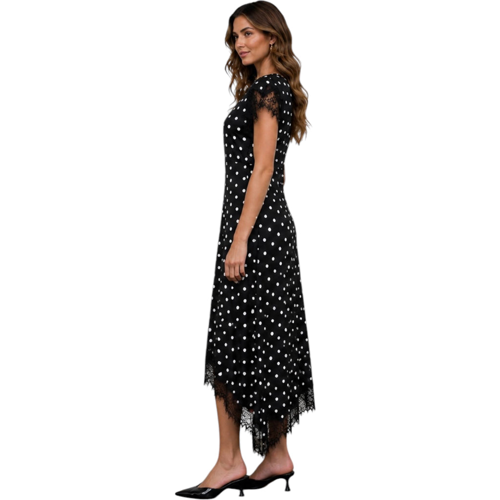 Polka Dot Lace Trim Short Sleeve Midi Dress