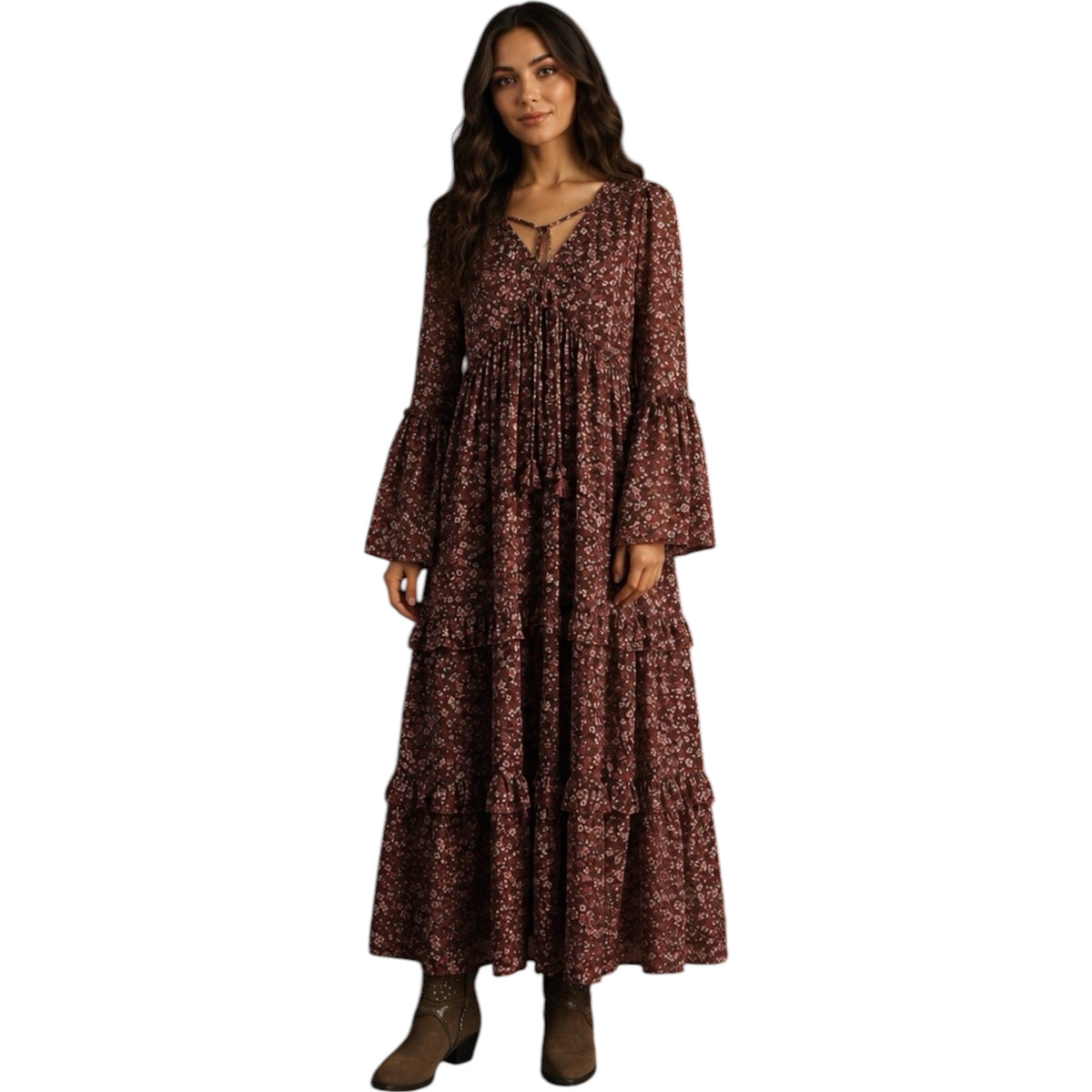Floral Organza Burgundy V Neck Long Sleeve Tunic Midi Dress